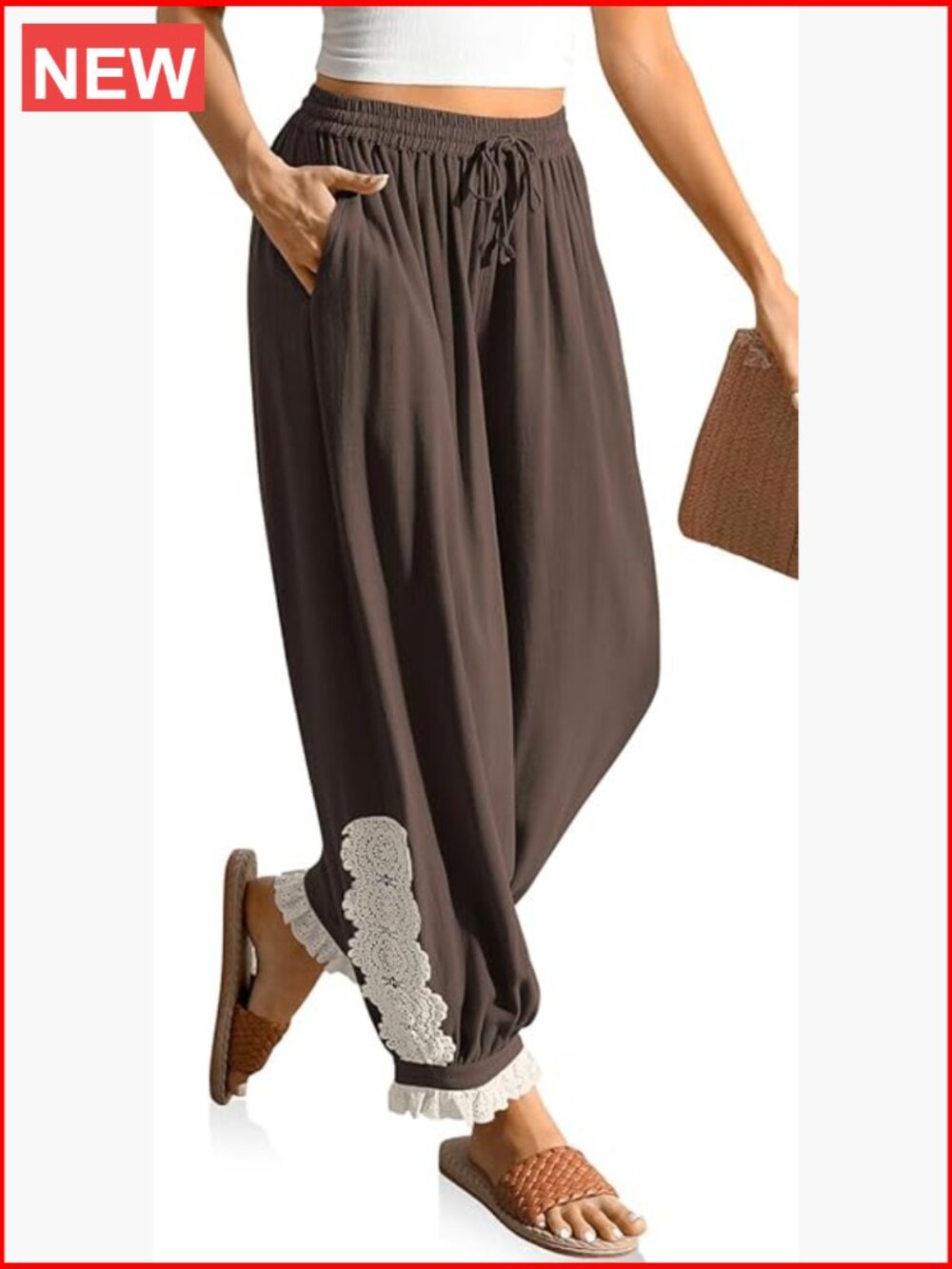 Linen Blend Harem Pants with Lace Trim - Casual Wide Leg Cropped Pants